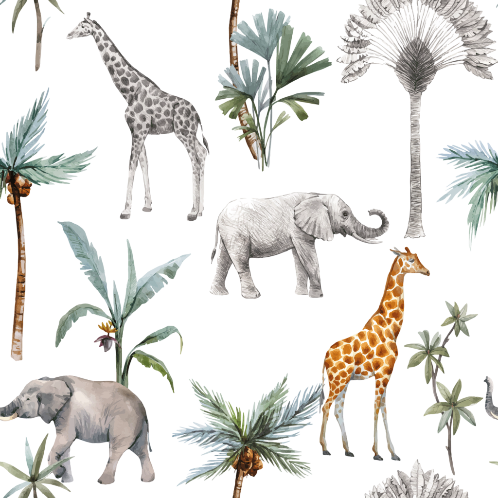 Fotobehang Kinderkamer Elephants and giraffes