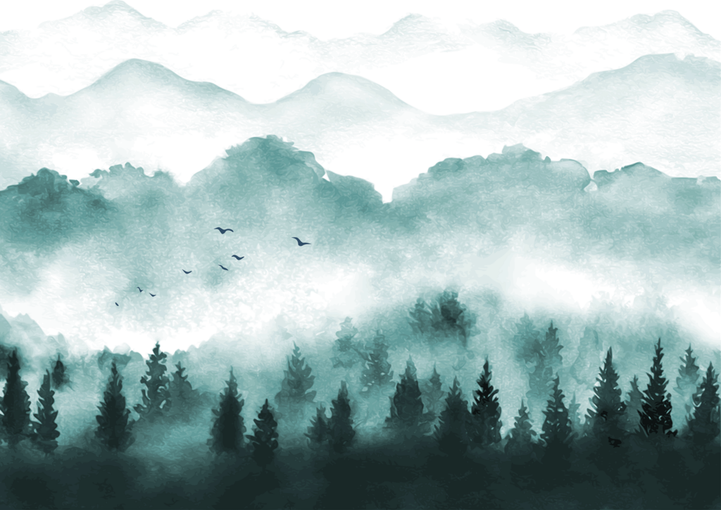 Fotobehang Woonkamer Landscape with misty green forest trees