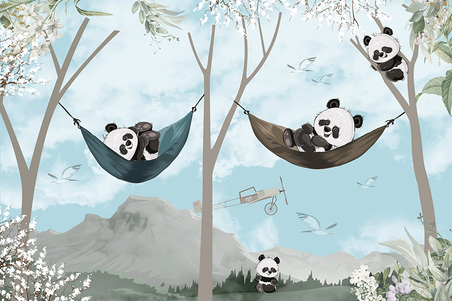 Fotobehang Kinderkamer Schattige panda's in hangmat