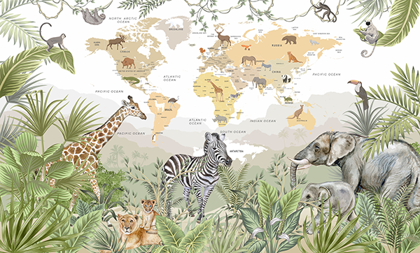 fotobehang-kinderkamer-wereldkaart-met-dieren