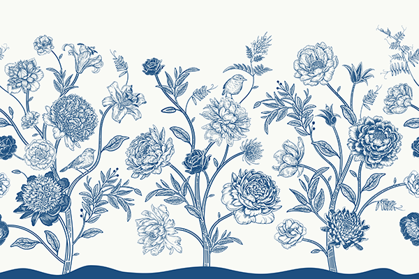 Woonkamer - Vintage Blauwe Bloemenzee- fotobehang